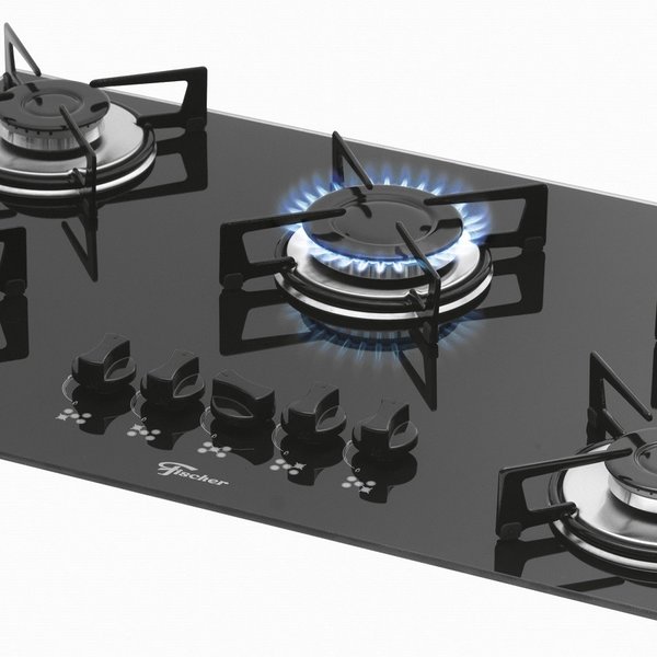 Fogão Cooktop Fischer 5 bocas Gás Mesa Vidro - preto